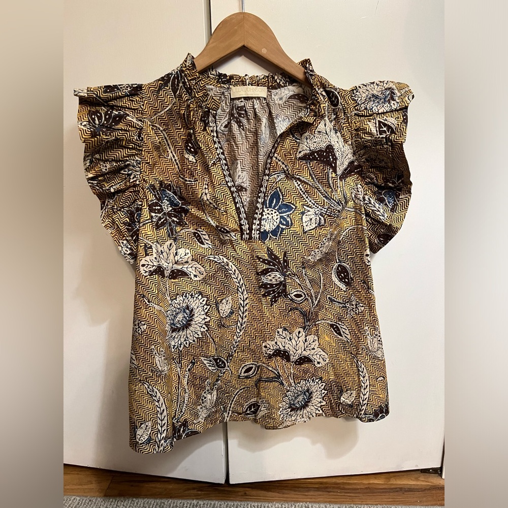 Ulla Johnson Floral Ruffle Blouse in Brown and Blue